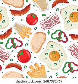 seamless pattern with food icons, namely various vegetables, fried egg and sausages, french fries and green onions, for packaging, posters or banners