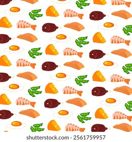 seamless pattern with food icons, namely various vegetables, fried eggs and sausages, meat, shrimps and cheese, for packaging, posters or banners. Vector format.