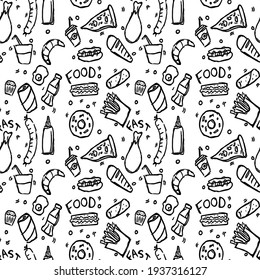 Seamless Pattern With Food Icons On White Background. Doodle Food Vector Illustration.