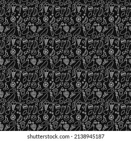 seamless pattern with food icons on black background. doodle food vector illustration. Vintage pattern with food icons, sweet elements background for your project