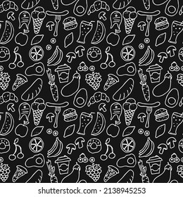 seamless pattern with food icons on black background. doodle food vector illustration. Vintage pattern with food icons, sweet elements background for your project