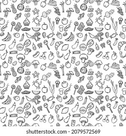 seamless pattern with food icons. icons of seafood, mushrooms, sweets, vegetables and fruits. vector food icons