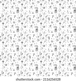 seamless pattern with food icons. icons of seafood, mushrooms, sweets, vegetables and fruits. vector food icons