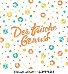 Seamless pattern for the food industry, for merch, napkins, wallpaper and corporate identity with text "Der frische genuss"