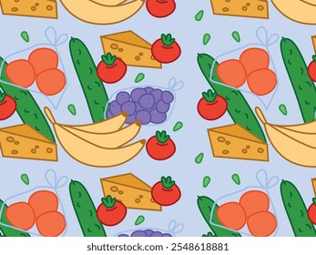 Padrão contínuo com itens de comida. Bananas, queijo, tomates, pepinos, uvas, frutas embaladas. Conceito de supermercado, produtos frescos, alimentação saudável. Ilustração de vetor plano.