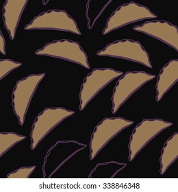 Seamless   pattern of food motifs,  spots, stripes, doodles, dumplings. Hand drawn.