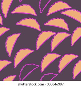 Seamless   pattern of food motifs,  spots, stripes, doodles, dumplings. Hand drawn.