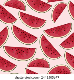 seamless pattern with food, namely with pieces of red watermelon of different sizes on a light background, for health day, for posters, banners or textiles