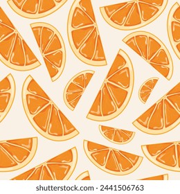 seamless pattern with food, namely with pieces of orange of different sizes on a light background, for health day, for posters, banners or textiles