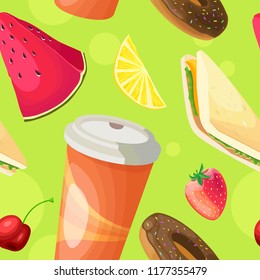 Seamless pattern with food on a bright green background. Juicy red watermelon, saps, drink, berries and fruit.