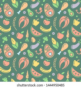 Seamless pattern with food on dark background. Flat style vector illustration. Suitable for wallpaper, wrapping or textile
