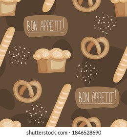 seamless pattern with food, pastries, fresh bread, crispy baguette and yummy pretzel. Vector illustration in light childish style for printing on stationery, notebooks, wallpaper, wrapping paper.