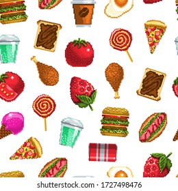 Seamless pattern with food in pixel art style on a white background. Vector illustration