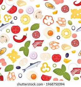 Seamless pattern with food, pizza ingredients. Pattern for box, fabric or packaging. Vector