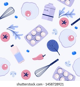 Seamless pattern with Food Preparing Process with food and kitchen tools. Editable vector illustration