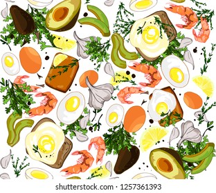 seamless pattern with food products, herbs and spices, toast with avocado and shrimp,eggs, garlic, etc., isolated on white background, healthy lifestyle, hand drawing, vector design, eps 10