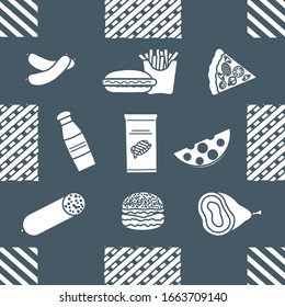 Seamless pattern with food. Sausage, hamburger, cheese, pizza, french fries, chips, hot dog, ham.  Unhealthy lifestyle. Fast food Snack Picnic. Harmful eating habits Design for wrapping, fabric, print