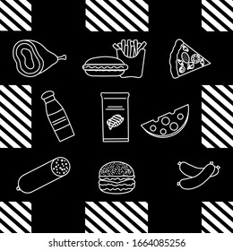 Seamless pattern with food. Sausage, hamburger, cheese, pizza, french fries, chips, hot dog, ham.  Unhealthy lifestyle. Fast food Snack Picnic. Harmful eating habits Design for wrapping, fabric, print