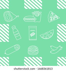 Seamless pattern with food. Sausage, hamburger, cheese, pizza, french fries, chips, hot dog, ham.  Unhealthy lifestyle. Fast food Snack Picnic. Harmful eating habits Design for wrapping, fabric, print