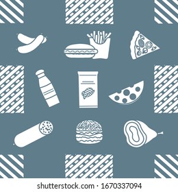 Seamless pattern with food. Sausage, hamburger, cheese, pizza, french fries, chips, hot dog, ham.  Unhealthy lifestyle. Fast food Snack Picnic. Harmful eating habits Design for wrapping, fabric, print