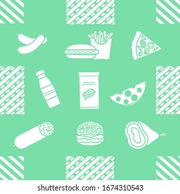 Seamless pattern with food. Sausage, hamburger, cheese, pizza, french fries, chips, hot dog, ham.  Unhealthy lifestyle. Fast food Snack Picnic. Harmful eating habits Design for wrapping, fabric, print