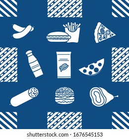Seamless pattern with food. Sausage, hamburger, cheese, pizza, french fries, chips, hot dog, ham.  Unhealthy lifestyle. Fast food Snack Picnic. Harmful eating habits Design for wrapping, fabric, print