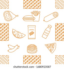 Patrón sin problemas con los alimentos. Salchicha, hamburguesa, queso, pizza, patatas fritas, patatas fritas, perritos calientes, jamón.  Estilo de vida malsano. Picnic de comida rápida. Hábitos alimenticios nocivos Diseño para envolturas, tejidos, impresión
