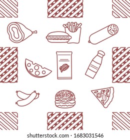 Seamless pattern with food. Sausage, hamburger, cheese, pizza, french fries, chips, hot dog, ham.  Unhealthy lifestyle. Fast food Snack Picnic. Harmful eating habits Design for wrapping, fabric, print