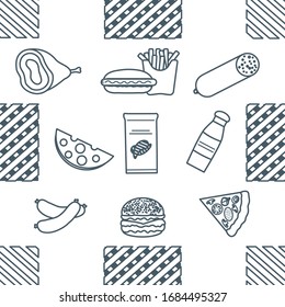 Seamless pattern with food. Sausage, hamburger, cheese, pizza, french fries, chips, hot dog, ham.  Unhealthy lifestyle. Fast food Snack Picnic. Harmful eating habits Design for wrapping, fabric, print