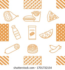 Seamless pattern with food. Sausage, hamburger, cheese, pizza, french fries, chips, hot dog, ham.  Unhealthy lifestyle. Fast food Snack Picnic. Harmful eating habits Design for wrapping, fabric, print