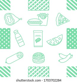 Seamless pattern with food. Sausage, hamburger, cheese, pizza, french fries, chips, hot dog, ham.  Unhealthy lifestyle. Fast food Snack Picnic. Harmful eating habits Design for wrapping, fabric, print