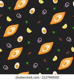 Seamless pattern of food. Set of different food on black background. Khachapuri, lemon, onion, egg, parsley. Georgian cuisine dish, Georgian national flour product, pie stuffed with cheese and eggs.