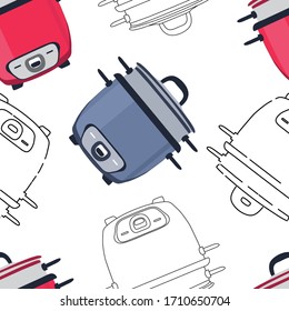 Seamless pattern of food steamer  - icons in flat style and outline isolated on white background. Household appliance. Kitchen item for healthy food. Vector stock illustration.