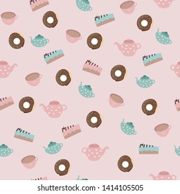 seamless pattern with food sweet cake donut coffee tea and a kettle of pink and blue for prints and textiles