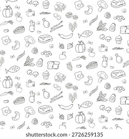 Nahtloses Muster Essen. Dieses Konzept unterstützt Wellness-Aufklärung, Ernährungsberatung, Gesundheitsbewusstseinskampagnen, Ernährungswissenschaft und zeitgenössisches gesundes Lebensvisuelles.