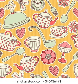 Seamless pattern with food and utensils.