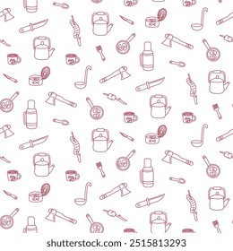 Seamless pattern food and utensils for camping. Vector illustration doodle style. Red outline line art. Hand drawn vector illustration. Concept of camping food and cooking in nature. For backgrounds