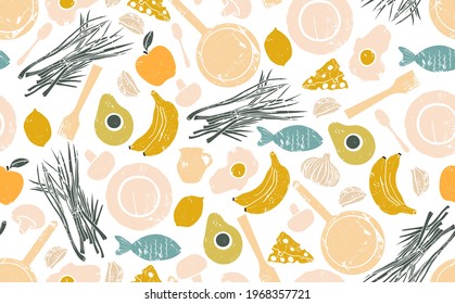 Seamless Pattern with Food and Utensils. Ingredients of healthy breakfast. Vector illustration.