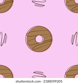 Seamless pattern with food. Vector image of a chocolate donut on a pink background.