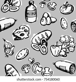 Seamless pattern of food: vegetables, sausages, cheese, milk, mushrooms, bread, eggs