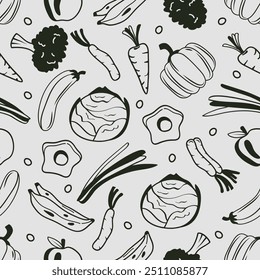 Seamless pattern of foods ,fruits and vegetables-hand drawn line art on gray background.Vector illustration
