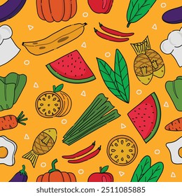 Seamless pattern of foods ,fruits and vegetables-hand drawn various colors on yellow background.Vector illustration