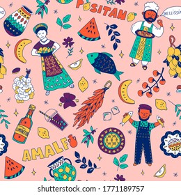 Seamless pattern of foods, people and objects.