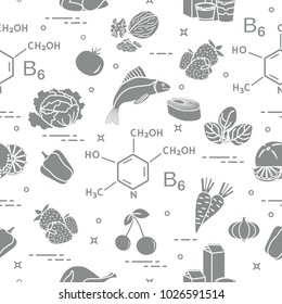 Seamless pattern with foods rich in vitamin B6. Strawberry, orange, chicken, milk, dairy products, yogurt, cherries, fish, tomato, garlic, walnuts, carrots, spinach, cabbage, pepper.