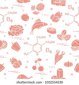 Seamless pattern with foods rich in vitamin B6. Strawberry, orange, chicken, milk, dairy products, yogurt, cherries, fish, tomato, garlic, walnuts, carrots, spinach, cabbage, pepper.