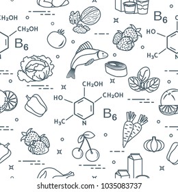 Seamless pattern with foods rich in vitamin B6. Strawberry, orange, chicken, milk, dairy products, yogurt, cherries, fish, tomato, garlic, walnuts, carrots, spinach, cabbage, pepper.