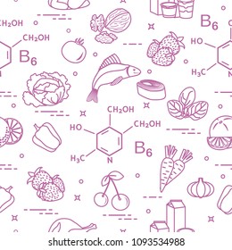 Seamless pattern with foods rich in vitamin B6. Strawberry, orange, chicken, milk, dairy products, yogurt, cherries, fish, tomato, garlic, walnuts, carrots, spinach, cabbage, pepper.