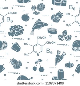 Seamless pattern with foods rich in vitamin B6. Strawberry, orange, chicken, milk, dairy products, yogurt, cherries, fish, tomato, garlic, walnuts, carrots, spinach, cabbage, pepper.