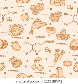 Seamless pattern with foods rich in vitamin B6. Strawberry, orange, chicken, milk, dairy products, yogurt, cherries, fish, tomato, garlic, walnuts, carrots, spinach, cabbage, pepper.