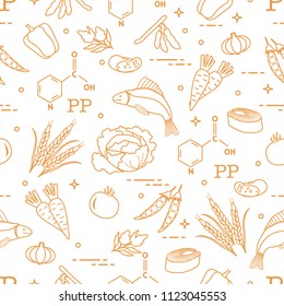 Seamless pattern with foods rich in vitamin PP. Beans, fish, tomato, soya beans, peas, garlic, wheat, carrots, spinach, cabbage, pepper.